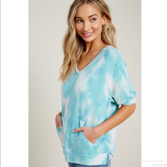 Teal Tie-Dye French Terry kangaroo pocket top - Picture 5 of 8